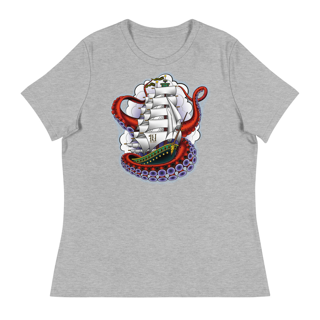 A light grey t-shirt with an old-school clipper ship tattoo design in green and brown with white sails surrounded by octopus tentacles in shades of red with purple tentacles. Behind the ship are purple-tinged clouds.