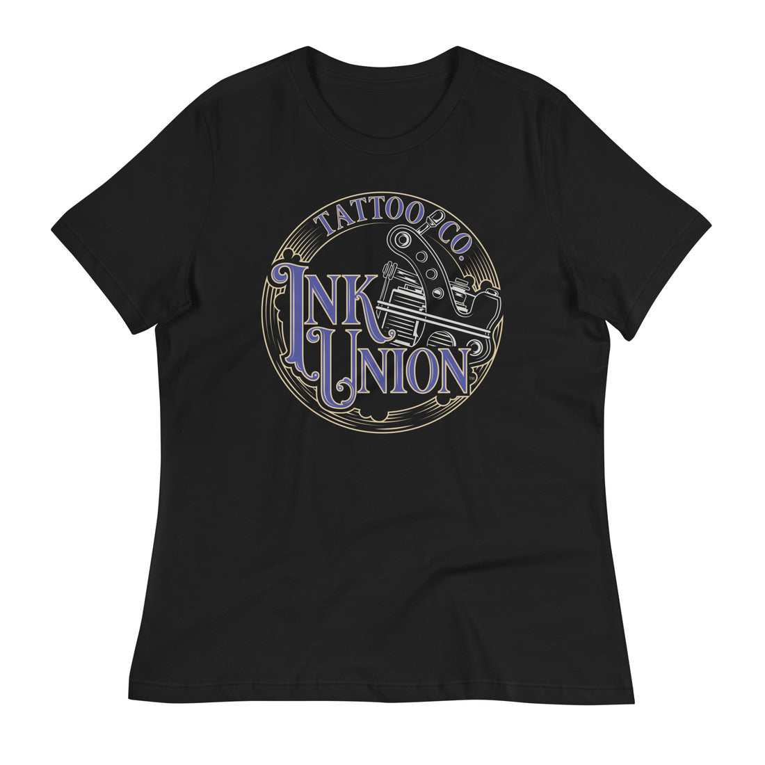 A black t-shirt adorned with the Ink Union Tattoo Co. blue and gold with a silver tattoo machine logo.