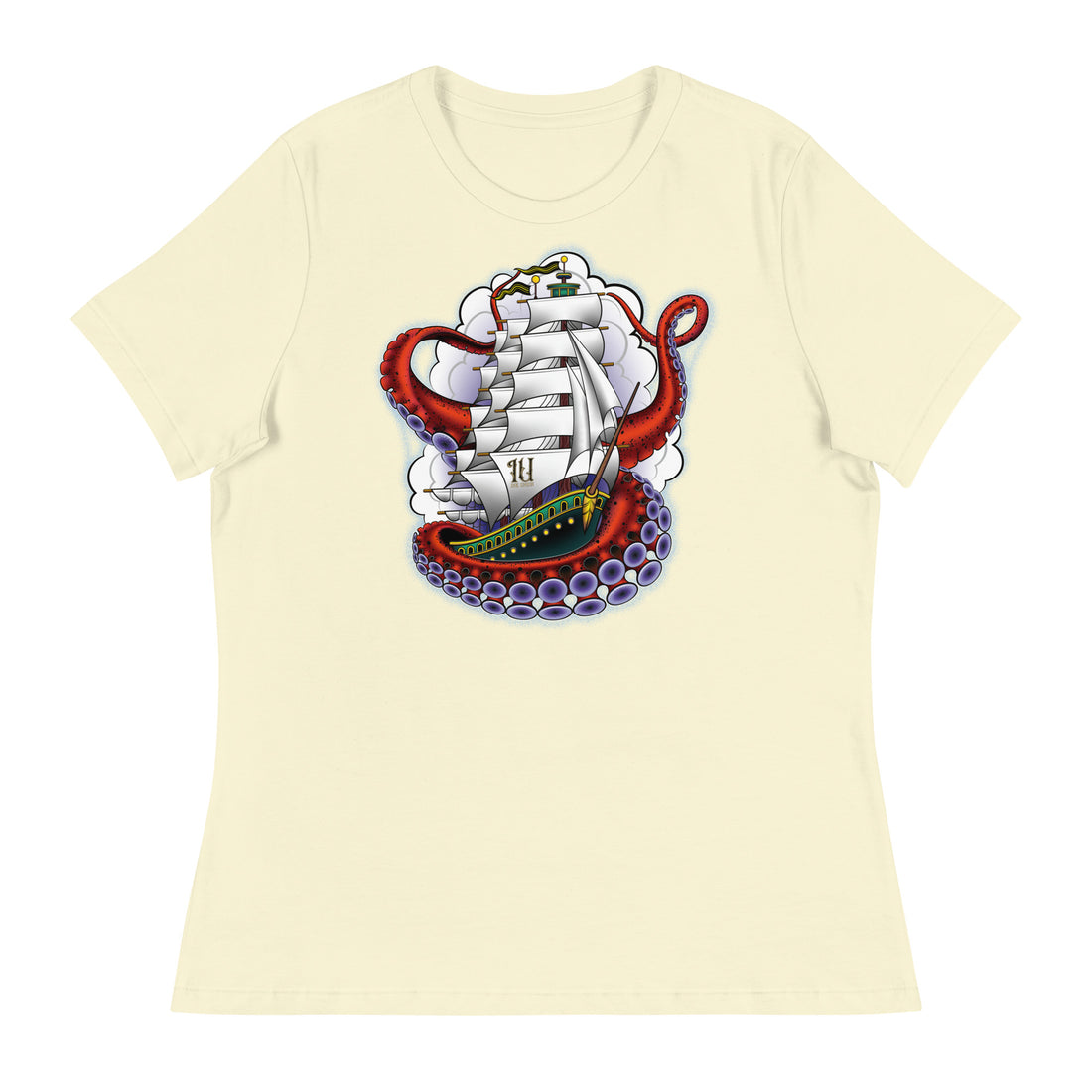 A light yellow t-shirt with an old-school clipper ship tattoo design in green and brown with white sails surrounded by octopus tentacles in shades of red with purple tentacles. Behind the ship are purple-tinged clouds.