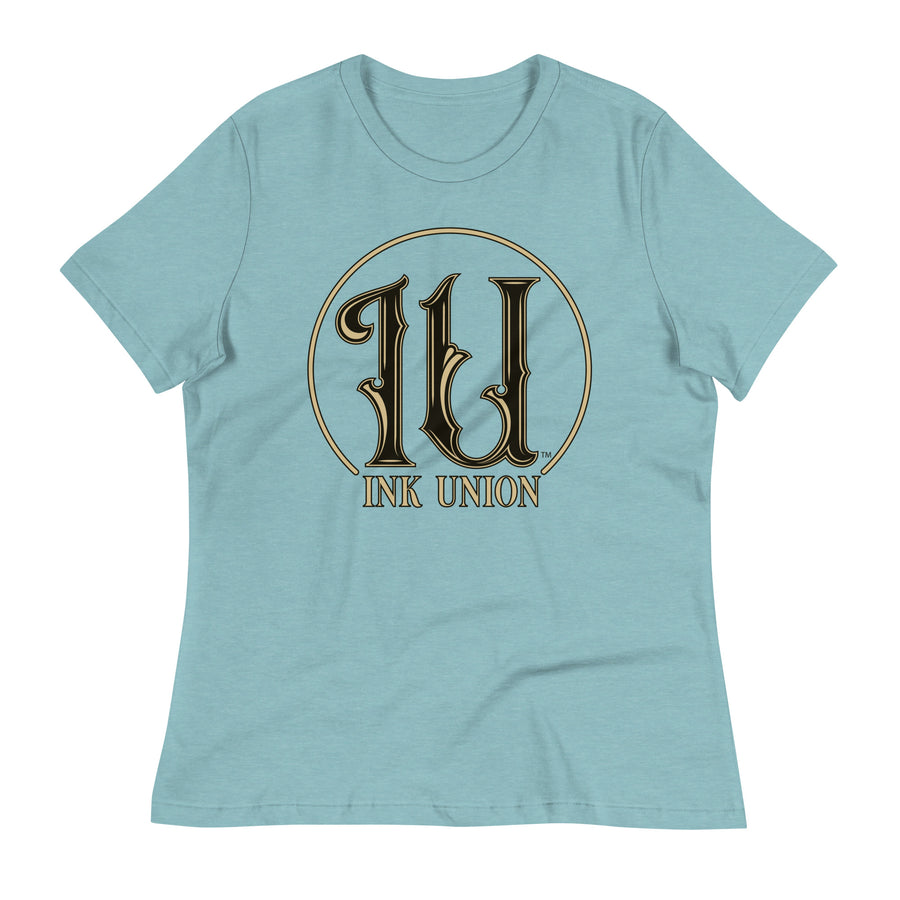Ink Union Clothing Co. blue t-shirt featuring the Ink Union ring logo in black and gold.