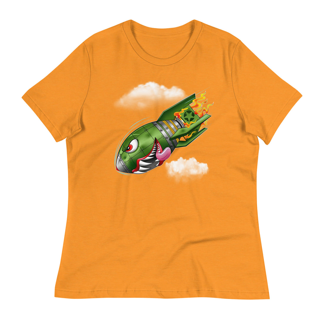 An orange t-shirt with a military green neo-traditional bomb tattoo design. The bomb is falling with a look of determination in its eyes, an evil toothy grin, and its tongue hanging out of its mouth. Flames are coming from the back of the bomb, and some clouds are in the background.