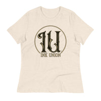 Ink Union Clothing Co. beige t-shirt featuring the Ink Union ring logo in black and gold.
