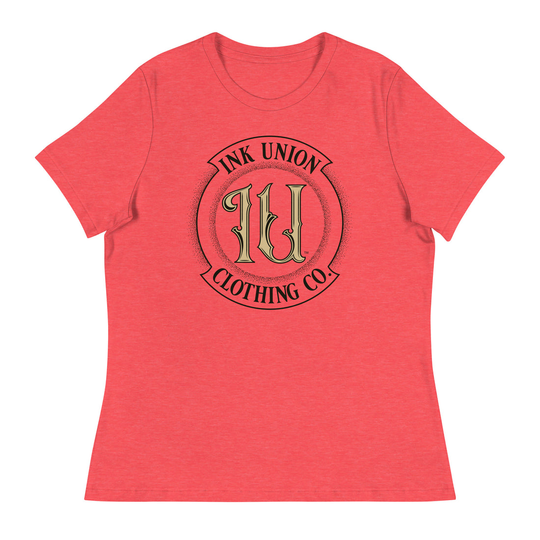 A heather red t-shirt with the Ink Union Clothing Co Badge logo in black and gold centered on the front of the shirt.