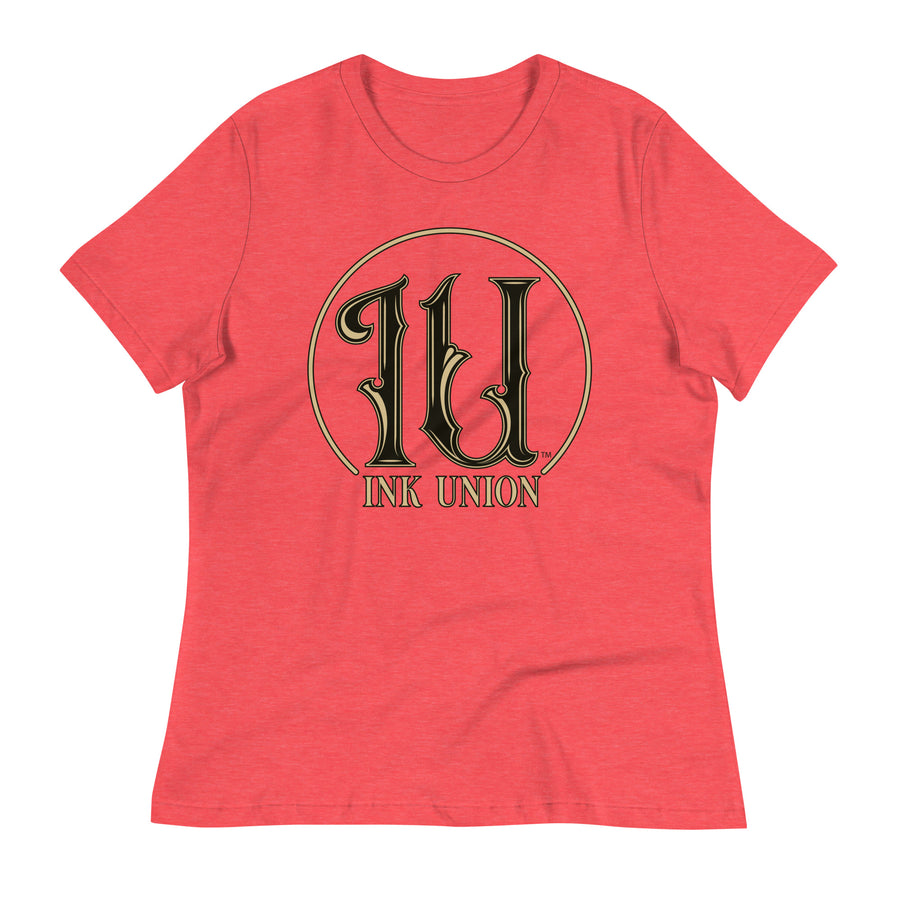 Ink Union Clothing Co. red t-shirt featuring the Ink Union ring logo in black and gold.