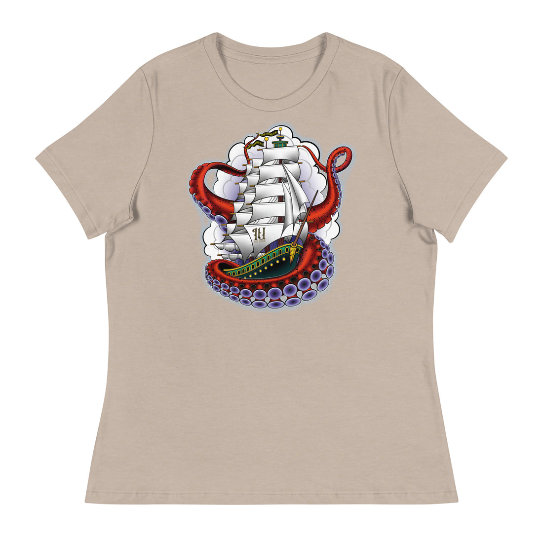 A sandy brown t-shirt with an old-school clipper ship tattoo design in green and brown with white sails surrounded by octopus tentacles in shades of red with purple tentacles. Behind the ship are purple-tinged clouds.