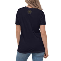 The back view is of an attractive woman wearing a navy t-shirt with a small gold and black Ink Union ring Logo centered just under the neckline.