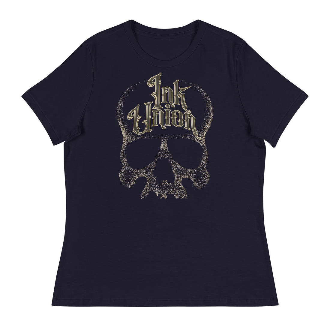 A navy blue t-shirt with a adorned with a gold dot work human skull and the words Ink Union in fancy gold and black lettering across the forehead of the skull.