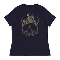 A navy blue t-shirt with a adorned with a gold dot work human skull and the words Ink Union in fancy gold and black lettering across the forehead of the skull.