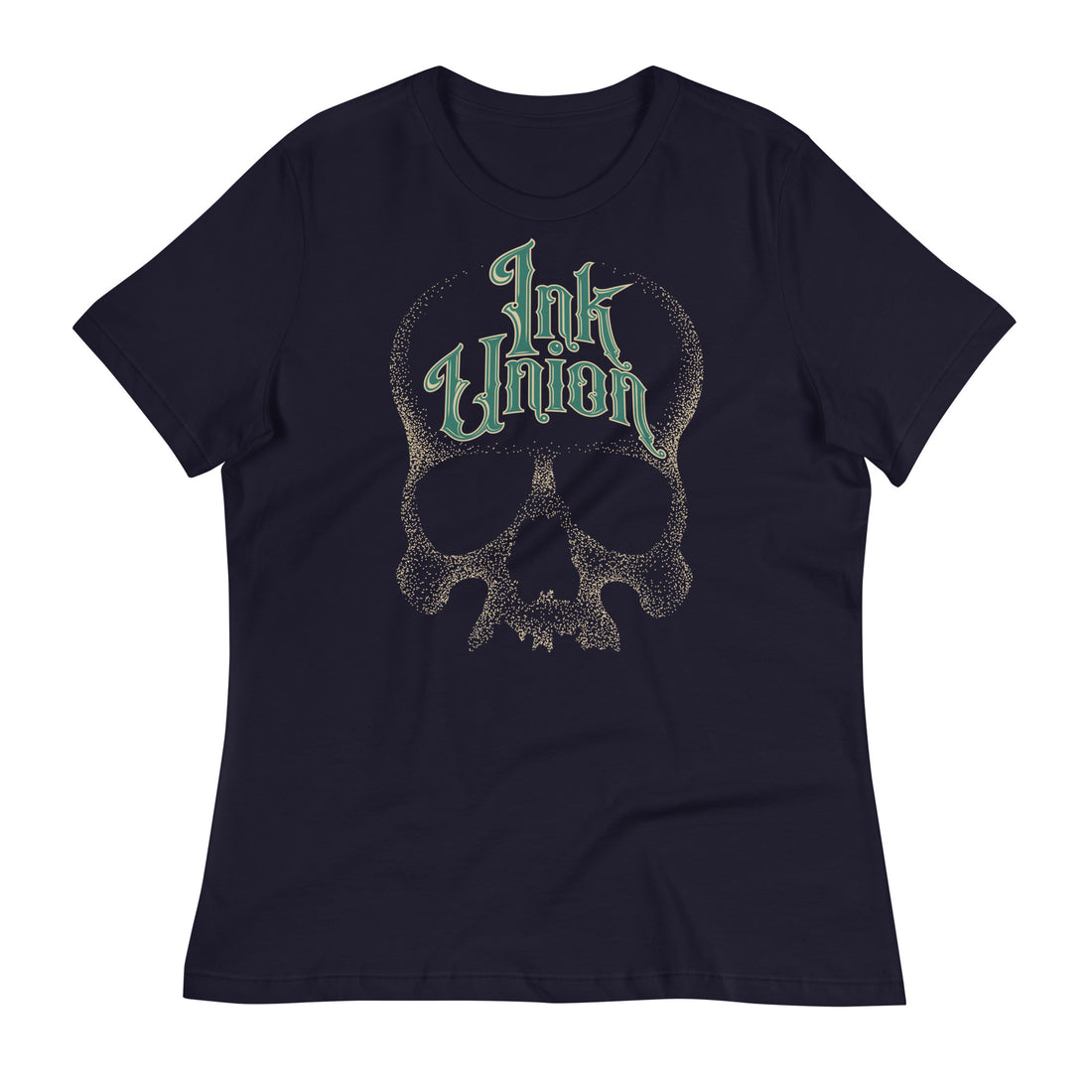 A navy blue t-shirt  adorned with a gold dot work human skull and the words Ink Union in fancy gold and green lettering across the forehead of the skull.