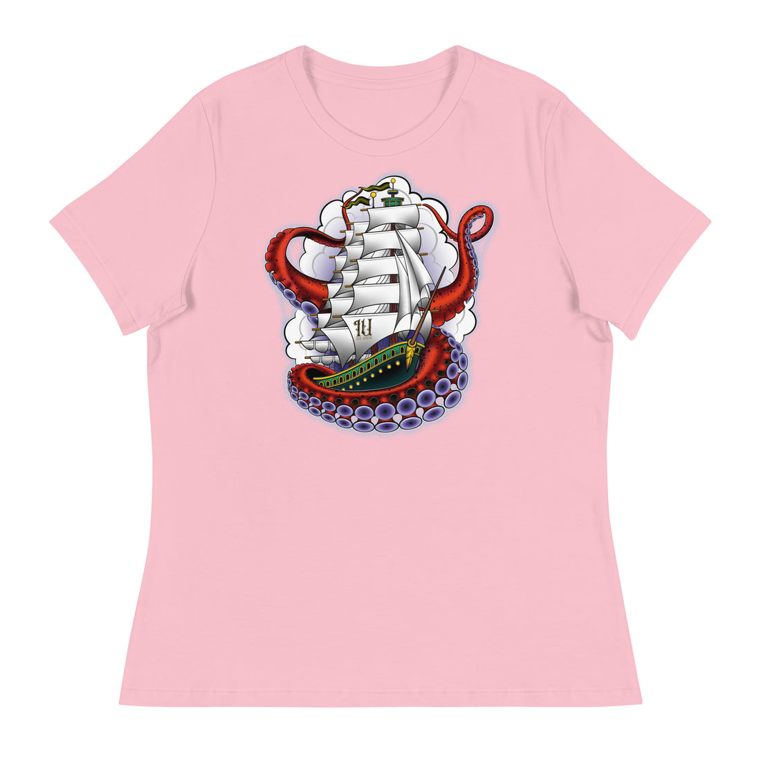 A light pink t-shirt with an old-school clipper ship tattoo design in green and brown with white sails surrounded by octopus tentacles in shades of red with purple tentacles. Behind the ship are purple-tinged clouds.