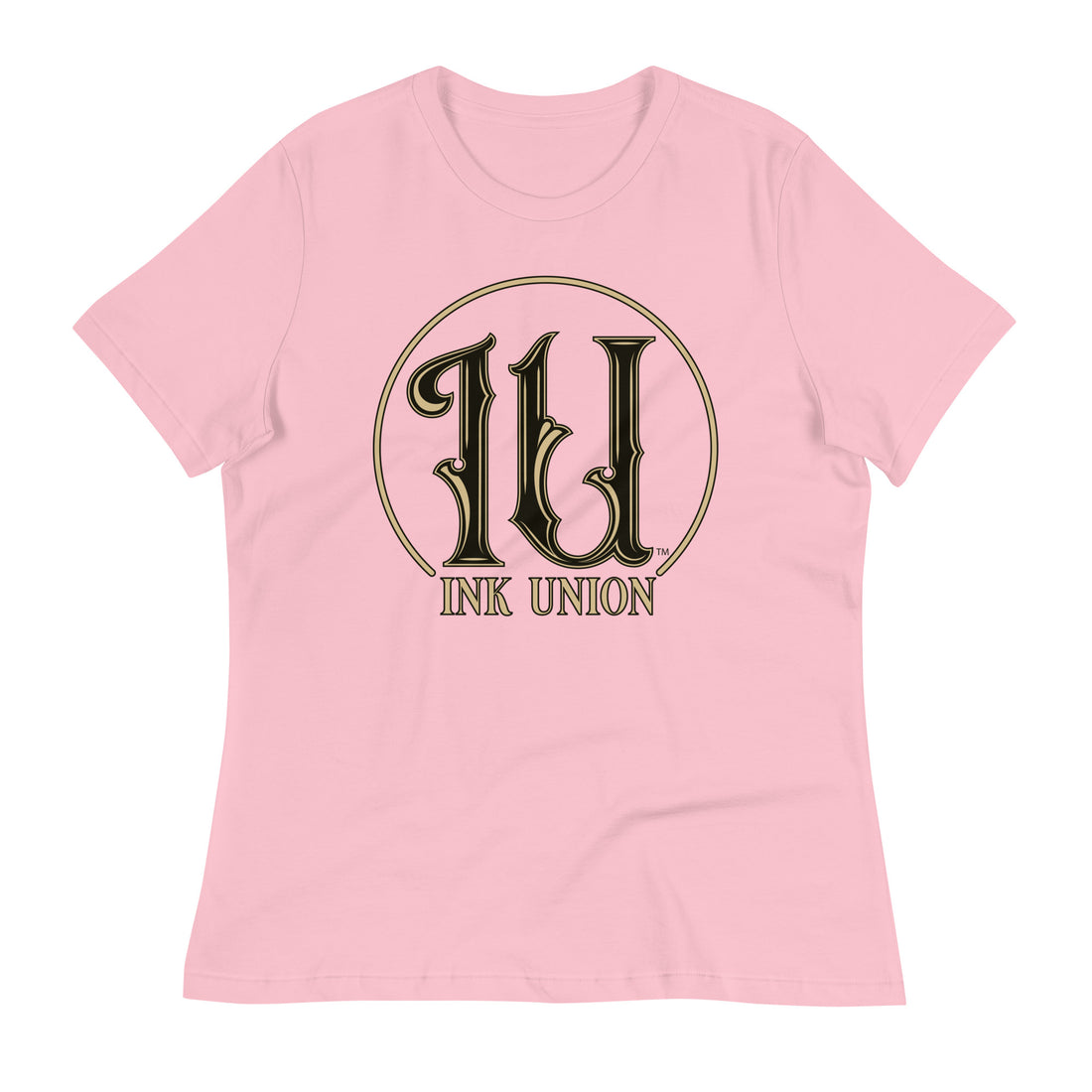 Ink Union Clothing Co. pink t-shirt featuring the Ink Union ring logo in black and gold.