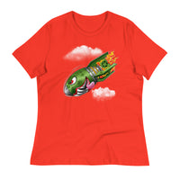 An poppy red  t-shirt with a military green neo-traditional bomb tattoo design. The bomb is falling with a look of determination in its eyes, an evil toothy grin, and its tongue hanging out of its mouth. Flames are coming from the back of the bomb, and some clouds are in the background.