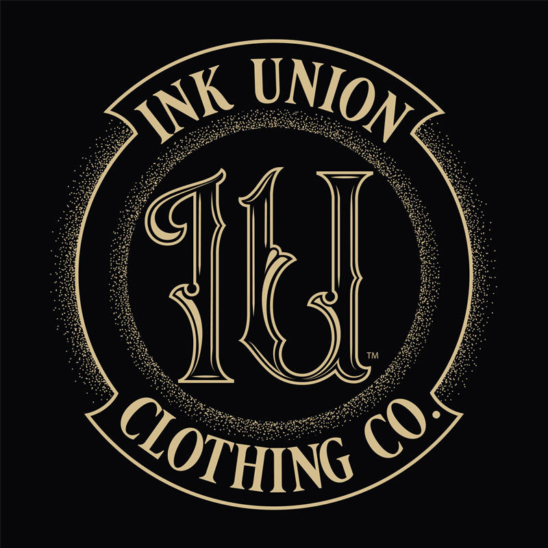 Ink Union Clothing Co. design with black background featuring  the ink union gold badge logo  comprised of fancy script and dot word gradients.
