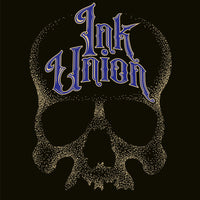 Ink Union Clothing Co. design with black background  featuring a large dot work gold skull centered on the shirt and Ink Union in large fancy gold and blue script across the forehead of the skull