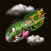ink union clothing co. design with black background and an army green bomb falling from the sky with clouds in the background.  the bomb has a face with snarling teeth and a tongue hanging out and flame coming out of the back of the bomb
