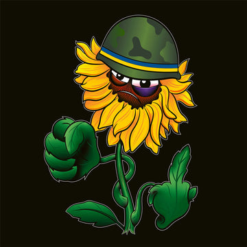 Ink Union Clothing Co. design with black background and Sunflower with a scowling face and army helmet with the Ukrainian flag colors on the band.  The leaves on one side are curled into a fist the leaves on the other side are flipping the bird