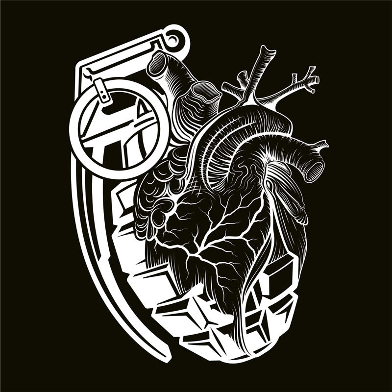 AA black background with a white grenade of sold color and line work morphing into an anatomical heart drawn using line work for shading at the top right of the image.