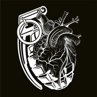 A black background with a black grenade of sold color and line work morphing into an anatomical heart drawn using line work for shading at the top right of the image.