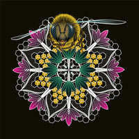 A black background with a mandala containing pink lotus flowers and honeycomb designs and a life-like honey bee flying toward you at the top of the mandala.