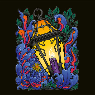 A black background with Chrysanthemum petals in blues and reds wrapped around an antique lantern lit by a candle. Dark green leaves border the image at the top and bottom behind the flower petals.