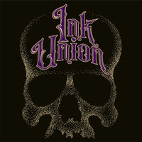 Ink Union Clothing Co. design with black background  featuring a large dot work gold skull centered on the shirt and Ink Union in large fancy gold and purple script across the forehead of the skull