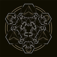 A square black backgroud with a mandala built from white dot work skulls and gold and white geometric shapes.