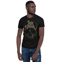 An attractive man wearing an Ink Union Clothing Co. unisex black t-shirt  featuring a large dot work gold skull centered on the shirt and Ink Union in large fancy gold and black script across the forehead of the skull