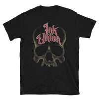 Ink Union Clothing Co. unisex black t-shirt  featuring a large dot work gold skull centered on the shirt and Ink Union in large fancy gold and red script across the forehead of the skull