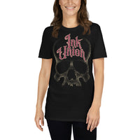 woman wearing an Ink Union Clothing Co. unisex black t-shirt  featuring a large dot work gold skull centered on the shirt and Ink Union in large fancy gold and red script across the forehead of the skull