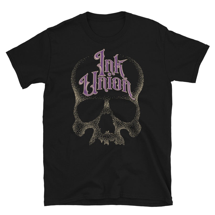 Ink Union Clothing Co. unisex black t-shirt  featuring a large dot work gold skull centered on the shirt and Ink Union in large fancy gold and purple script across the forehead of the skull