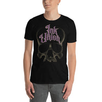 man wearing an Ink Union Clothing Co. unisex black t-shirt  featuring a large dot work gold skull centered on the shirt and Ink Union in large fancy gold and purple script across the forehead of the skull