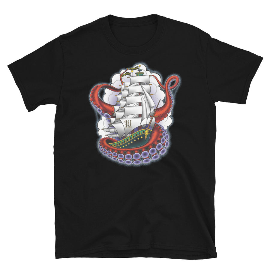 Ink Union Clothing Co. unisex black t-shirt featuring a clipper ship surrounded by octopus tentacles with storm clouds in the background