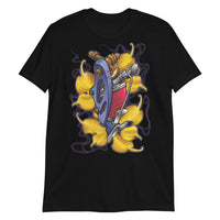 ink union clothing co. black unisex t-shirt with a blue tattoo machine with red coils surrounded by gold ginkgo leaves and  wispy purple smoke