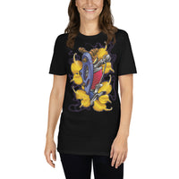 An attractive woman wearing an ink union clothing co.  black unisex t-shirt with a blue tattoo machine with red coils surrounded by gold ginkgo leaves and  wispy purple smoke