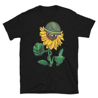 Ink Union Clothing Co. black unisex t-shirt with a  Sunflower with a scowling face and army helmet with the Ukrainian flag colors on the band.  The leaves on one side are curled into a fist the leaves on the other side are flipping the bird