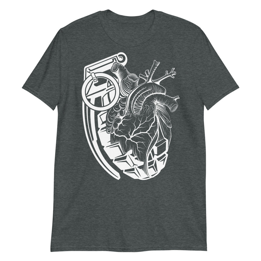 A dark grey t-shirt with a black grenade of sold color and line work morphing into an anatomical heart drawn using line work for shading at the top right of the image.