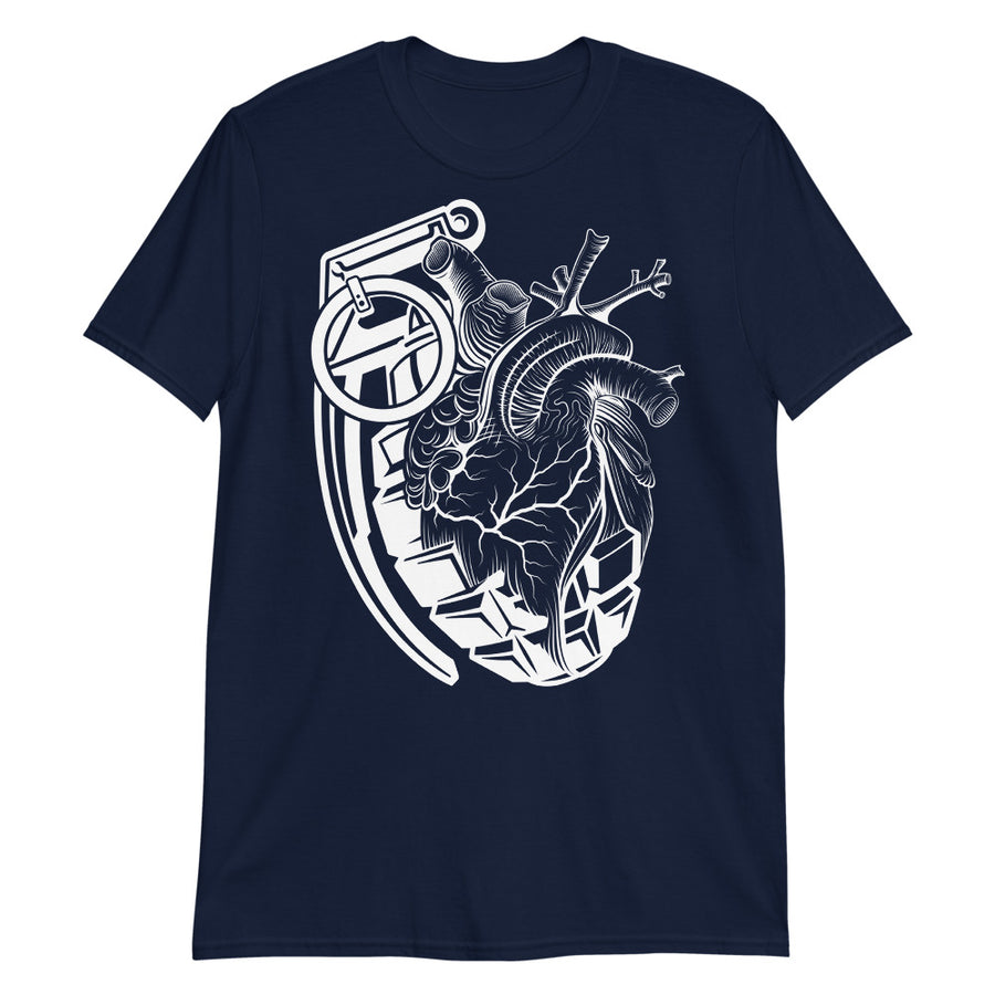 A navy blue t-shirt with a black grenade of sold color and line work morphing into an anatomical heart drawn using line work for shading at the top right of the image.