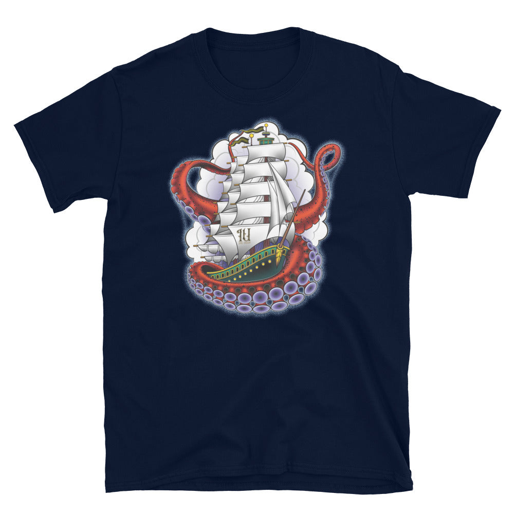 Ink Union Clothing Co. unisex navy t-shirt featuring a clipper ship surrounded by octopus tentacles with storm clouds in the background