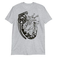 Ink Union Clothing Co. unisex grey t-shirt with a grenade morphing into an anatomical heart in black