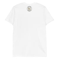back of a white t-shirt with the ink union clothing co. black badge logo at three inches big positioned just below the collar