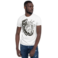 man wearing an Ink Union Clothing Co. unisex white t-shirt with a grenade morphing into an anatomical heart in black