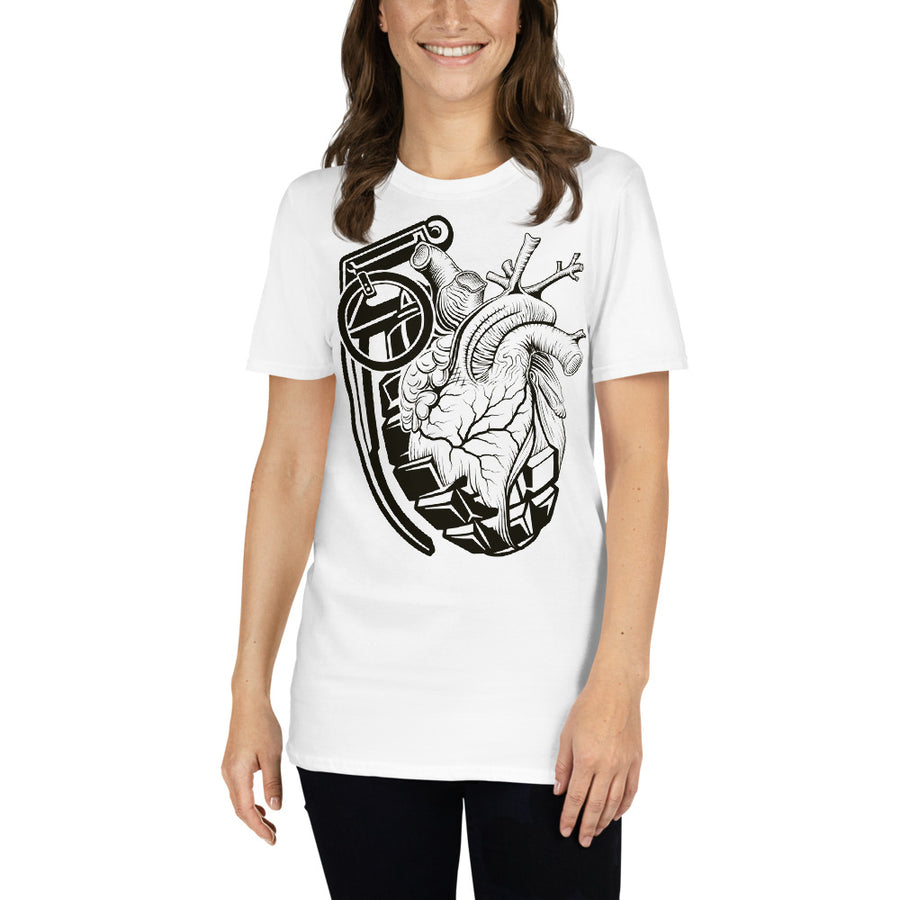 woman wearing an Ink Union Clothing Co. unisex white t-shirt with a grenade morphing into an anatomical heart in black