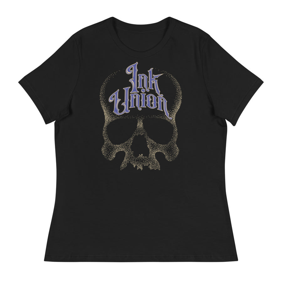 Ink Union Clothing Co. women's relaxed fit black t-shirt  featuring a large dot work gold skull centered on the shirt and Ink Union in large fancy gold and blue script across the forehead of the skull