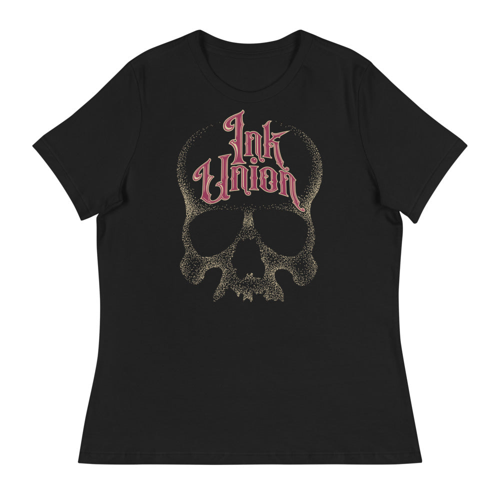 Ink Union Clothing Co. women's relaxed fit black t-shirt  featuring a large dot work gold skull centered on the shirt and Ink Union in large fancy gold and red script across the forehead of the skull