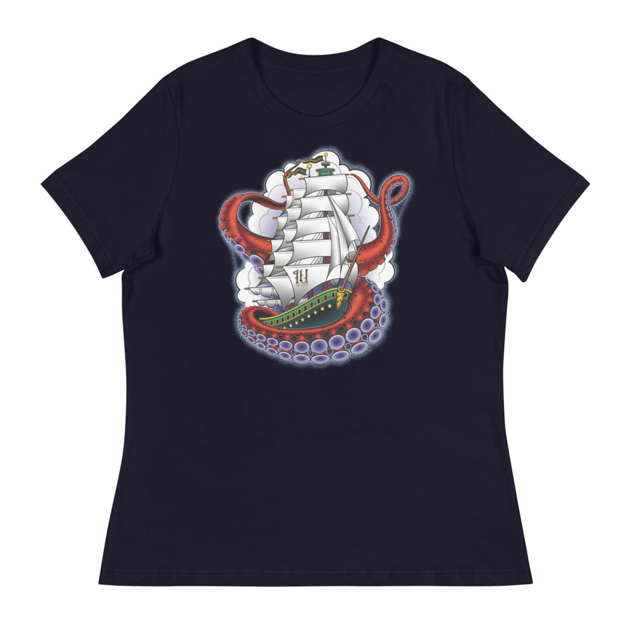 Ink Union Clothing Co. women's relaxed fit navy t-shirt featuring a clipper ship surrounded by octopus tentacles with storm clouds in the background
