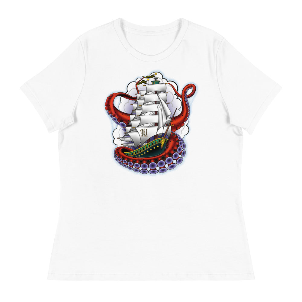 Ink Union Clothing Co. women's relaxed fit white t-shirt featuring a clipper ship surrounded by octopus tentacles with storm clouds in the background